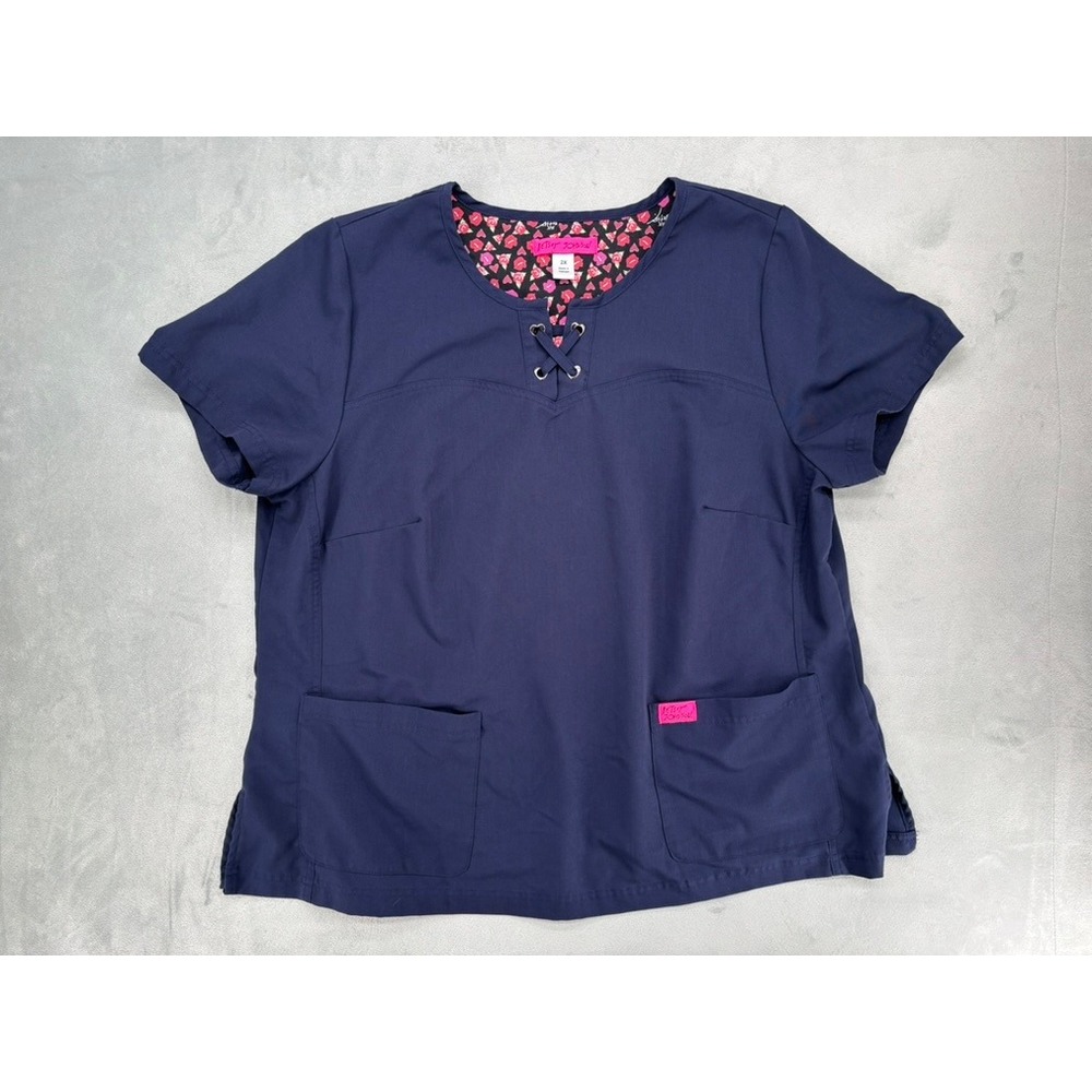 Betsey Johnson Scrub Top Womens 2X Navy Blue Lace Up Heart Grommet B110 Medical
